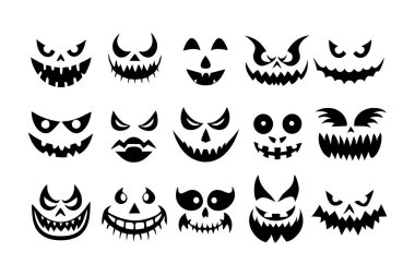 Korkunç ve komik Cadılar Bayramı Balkabağı ve Hayalet Yüzler 'in vektör çizimi Cadılar Bayramı projelerine ürkütücü ama eğlenceli bir dokunuş katıyor. Dekorasyon ve parti davetleri için mükemmel..