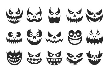 Korkunç ve komik Cadılar Bayramı Balkabağı ve Hayalet Yüzler 'in vektör çizimi Cadılar Bayramı projelerine ürkütücü ama eğlenceli bir dokunuş katıyor. Dekorasyon ve parti davetleri için mükemmel..