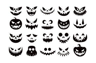 Korkunç ve komik Cadılar Bayramı Balkabağı ve Hayalet Yüzler 'in vektör çizimi Cadılar Bayramı projelerine ürkütücü ama eğlenceli bir dokunuş katıyor. Dekorasyon ve parti davetleri için mükemmel..