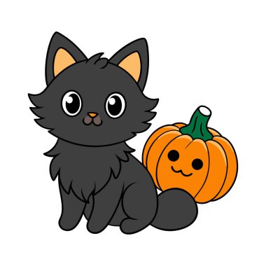 Kara Kedi ve Cadılar Bayramı Balkabağı Vektör İllüstrasyonu