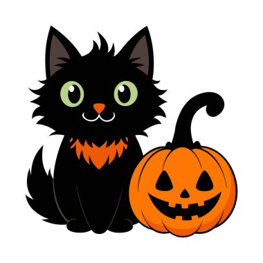 Kara Kedi ve Cadılar Bayramı Balkabağı Vektör İllüstrasyonu