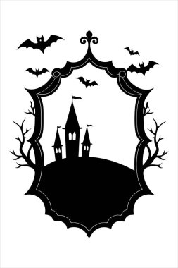 Siyah ve beyaz Cadılar Bayramı çerçeve çizimi, davetiyelere, posterlere ve şenlikli tasarımlara ürkütücü bir dokunuş eklemek için mükemmel. Ürkütücü Cadılar Bayramı temalı projeler için ideal.