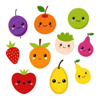 Komik ifadeli, çocuk tasarımları, çıkartmaları, dekorları ve eğitici materyalleri için mükemmel bir çizgi film meyve seti. Herhangi bir projeye eğlenceli bir titreşim ekle.
