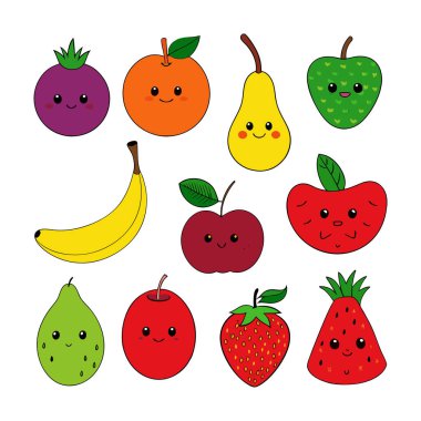 Komik ifadeli, çocuk tasarımları, çıkartmaları, dekorları ve eğitici materyalleri için mükemmel bir çizgi film meyve seti. Herhangi bir projeye eğlenceli bir titreşim ekle.