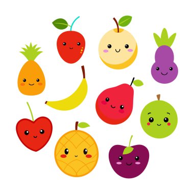 Komik ifadeli, çocuk tasarımları, çıkartmaları, dekorları ve eğitici materyalleri için mükemmel bir çizgi film meyve seti. Herhangi bir projeye eğlenceli bir titreşim ekle.
