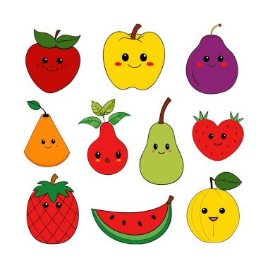 Komik ifadeli, çocuk tasarımları, çıkartmaları, dekorları ve eğitici materyalleri için mükemmel bir çizgi film meyve seti. Herhangi bir projeye eğlenceli bir titreşim ekle.