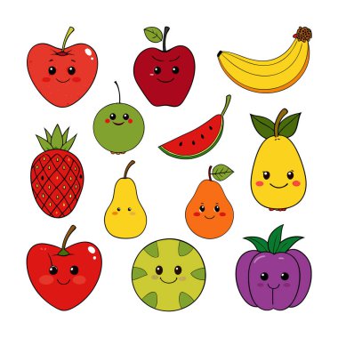 Komik ifadeli, çocuk tasarımları, çıkartmaları, dekorları ve eğitici materyalleri için mükemmel bir çizgi film meyve seti. Herhangi bir projeye eğlenceli bir titreşim ekle.