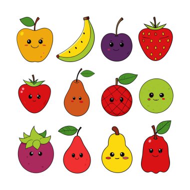Komik ifadeli, çocuk tasarımları, çıkartmaları, dekorları ve eğitici materyalleri için mükemmel bir çizgi film meyve seti. Herhangi bir projeye eğlenceli bir titreşim ekle.
