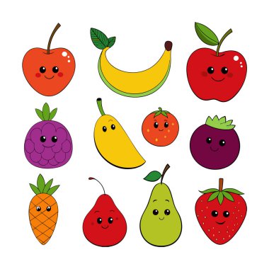 Komik ifadeli, çocuk tasarımları, çıkartmaları, dekorları ve eğitici materyalleri için mükemmel bir çizgi film meyve seti. Herhangi bir projeye eğlenceli bir titreşim ekle.