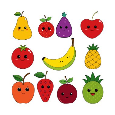 Komik ifadeli, çocuk tasarımları, çıkartmaları, dekorları ve eğitici materyalleri için mükemmel bir çizgi film meyve seti. Herhangi bir projeye eğlenceli bir titreşim ekle.