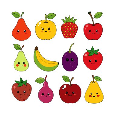 Komik ifadeli, çocuk tasarımları, çıkartmaları, dekorları ve eğitici materyalleri için mükemmel bir çizgi film meyve seti. Herhangi bir projeye eğlenceli bir titreşim ekle.