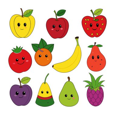 Komik ifadeli, çocuk tasarımları, çıkartmaları, dekorları ve eğitici materyalleri için mükemmel bir çizgi film meyve seti. Herhangi bir projeye eğlenceli bir titreşim ekle.