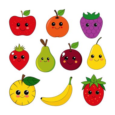 Komik ifadeli, çocuk tasarımları, çıkartmaları, dekorları ve eğitici materyalleri için mükemmel bir çizgi film meyve seti. Herhangi bir projeye eğlenceli bir titreşim ekle.