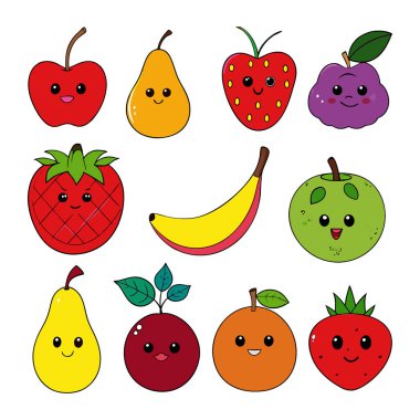Komik ifadeli, çocuk tasarımları, çıkartmaları, dekorları ve eğitici materyalleri için mükemmel bir çizgi film meyve seti. Herhangi bir projeye eğlenceli bir titreşim ekle.