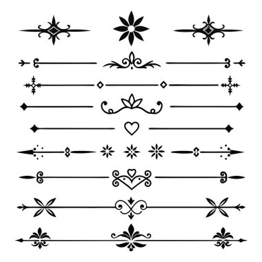 Sınırlar, davetiyeler ve dekoratif projeler için mükemmel karmaşık tasarımlar içeren zarif bölücü süslemeleri vektör illüstrasyonları.