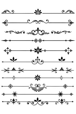 Sınırlar, davetiyeler ve dekoratif projeler için mükemmel karmaşık tasarımlar içeren zarif bölücü süslemeleri vektör illüstrasyonları.