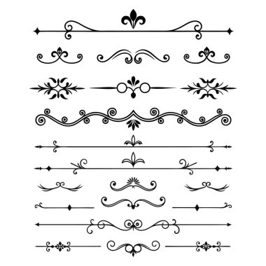 Sınırlar, davetiyeler ve dekoratif projeler için mükemmel karmaşık tasarımlar içeren zarif bölücü süslemeleri vektör illüstrasyonları.