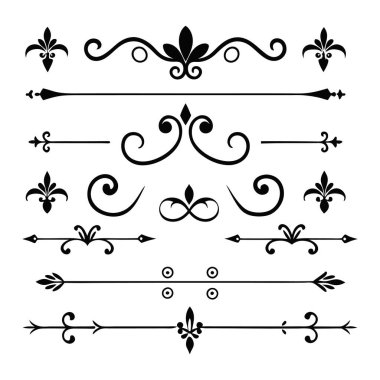 Sınırlar, davetiyeler ve dekoratif projeler için mükemmel karmaşık tasarımlar içeren zarif bölücü süslemeleri vektör illüstrasyonları.