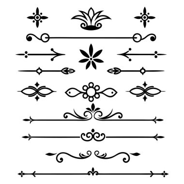 Sınırlar, davetiyeler ve dekoratif projeler için mükemmel karmaşık tasarımlar içeren zarif bölücü süslemeleri vektör illüstrasyonları.
