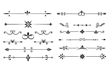 Sınırlar, davetiyeler ve dekoratif projeler için mükemmel karmaşık tasarımlar içeren zarif bölücü süslemeleri vektör illüstrasyonları.