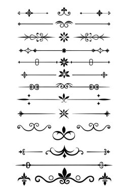 Sınırlar, davetiyeler ve dekoratif projeler için mükemmel karmaşık tasarımlar içeren zarif bölücü süslemeleri vektör illüstrasyonları.