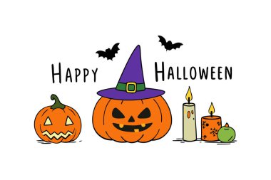 Cadılar Bayramı 'nı cadı şapkası, balkabağı, kedi ve mum içeren bu tuhaf vektör illüstrasyonuyla kutlayın. Ürkütücü dekorlar, parti davetiyeleri ve şenlikli dijital tasarımlar için mükemmel..