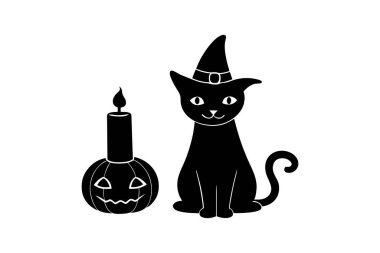 Cadılar Bayramı 'nı cadı şapkası, balkabağı, kedi ve mum içeren bu tuhaf vektör illüstrasyonuyla kutlayın. Ürkütücü dekorlar, parti davetiyeleri ve şenlikli dijital tasarımlar için mükemmel..