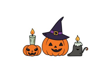 Cadılar Bayramı 'nı cadı şapkası, balkabağı, kedi ve mum içeren bu tuhaf vektör illüstrasyonuyla kutlayın. Ürkütücü dekorlar, parti davetiyeleri ve şenlikli dijital tasarımlar için mükemmel..