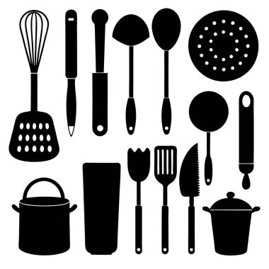 Mutfak aletlerinin kapsamlı bir koleksiyonu silüet vektörleri, mutfak temalı projeler için mükemmel. Yüksek kaliteli tasarımlar arasında yemek pişirme ve mutfak dekorasyonu için gerekli mutfak gereçleri ve gereçleri bulunmaktadır..