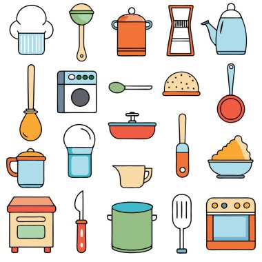 Mutfak aletlerinin kapsamlı bir koleksiyonu silüet vektörleri, mutfak temalı projeler için mükemmel. Yüksek kaliteli tasarımlar arasında yemek pişirme ve mutfak dekorasyonu için gerekli mutfak gereçleri ve gereçleri bulunmaktadır..