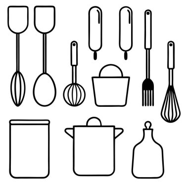 Mutfak aletlerinin kapsamlı bir koleksiyonu silüet vektörleri, mutfak temalı projeler için mükemmel. Yüksek kaliteli tasarımlar arasında yemek pişirme ve mutfak dekorasyonu için gerekli mutfak gereçleri ve gereçleri bulunmaktadır..