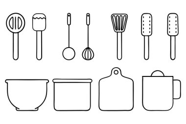 Mutfak aletlerinin kapsamlı bir koleksiyonu silüet vektörleri, mutfak temalı projeler için mükemmel. Yüksek kaliteli tasarımlar arasında yemek pişirme ve mutfak dekorasyonu için gerekli mutfak gereçleri ve gereçleri bulunmaktadır..