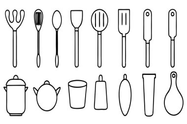 Mutfak aletlerinin kapsamlı bir koleksiyonu silüet vektörleri, mutfak temalı projeler için mükemmel. Yüksek kaliteli tasarımlar arasında yemek pişirme ve mutfak dekorasyonu için gerekli mutfak gereçleri ve gereçleri bulunmaktadır..