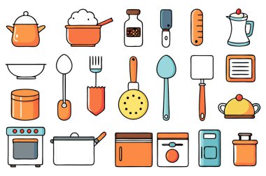 Mutfak aletlerinin kapsamlı bir koleksiyonu silüet vektörleri, mutfak temalı projeler için mükemmel. Yüksek kaliteli tasarımlar arasında yemek pişirme ve mutfak dekorasyonu için gerekli mutfak gereçleri ve gereçleri bulunmaktadır..