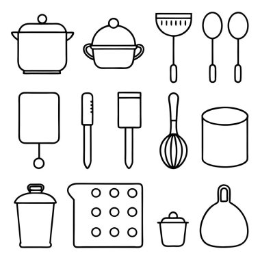 Mutfak aletlerinin kapsamlı bir koleksiyonu silüet vektörleri, mutfak temalı projeler için mükemmel. Yüksek kaliteli tasarımlar arasında yemek pişirme ve mutfak dekorasyonu için gerekli mutfak gereçleri ve gereçleri bulunmaktadır..