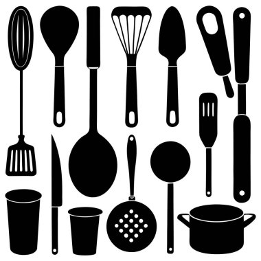 Mutfak aletlerinin kapsamlı bir koleksiyonu silüet vektörleri, mutfak temalı projeler için mükemmel. Yüksek kaliteli tasarımlar arasında yemek pişirme ve mutfak dekorasyonu için gerekli mutfak gereçleri ve gereçleri bulunmaktadır..