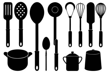 Mutfak aletlerinin kapsamlı bir koleksiyonu silüet vektörleri, mutfak temalı projeler için mükemmel. Yüksek kaliteli tasarımlar arasında yemek pişirme ve mutfak dekorasyonu için gerekli mutfak gereçleri ve gereçleri bulunmaktadır..
