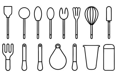 Mutfak aletlerinin kapsamlı bir koleksiyonu silüet vektörleri, mutfak temalı projeler için mükemmel. Yüksek kaliteli tasarımlar arasında yemek pişirme ve mutfak dekorasyonu için gerekli mutfak gereçleri ve gereçleri bulunmaktadır..