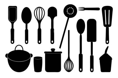 Mutfak aletlerinin kapsamlı bir koleksiyonu silüet vektörleri, mutfak temalı projeler için mükemmel. Yüksek kaliteli tasarımlar arasında yemek pişirme ve mutfak dekorasyonu için gerekli mutfak gereçleri ve gereçleri bulunmaktadır..