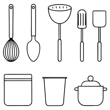Mutfak aletlerinin kapsamlı bir koleksiyonu silüet vektörleri, mutfak temalı projeler için mükemmel. Yüksek kaliteli tasarımlar arasında yemek pişirme ve mutfak dekorasyonu için gerekli mutfak gereçleri ve gereçleri bulunmaktadır..