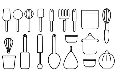 Mutfak aletlerinin kapsamlı bir koleksiyonu silüet vektörleri, mutfak temalı projeler için mükemmel. Yüksek kaliteli tasarımlar arasında yemek pişirme ve mutfak dekorasyonu için gerekli mutfak gereçleri ve gereçleri bulunmaktadır..