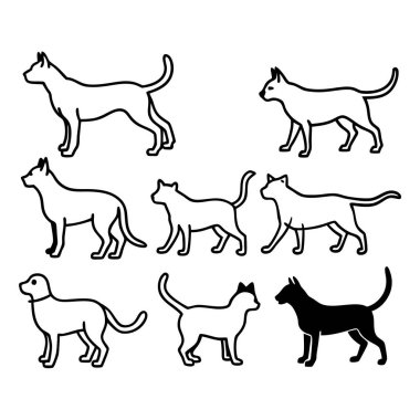 Köpek siluetlerinin vektör formatında çok yönlü bir koleksiyonu. Logolar, baskılar ve tasarım projeleri için idealdir. Minimalist ve zarif siyah ve beyaz ana hatları olan köpek türlerini barındırır..