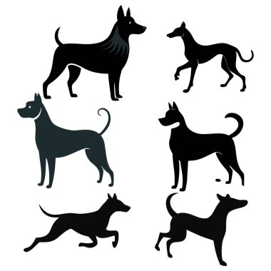 Köpek siluetlerinin vektör formatında çok yönlü bir koleksiyonu. Logolar, baskılar ve tasarım projeleri için idealdir. Minimalist ve zarif siyah ve beyaz ana hatları olan köpek türlerini barındırır..