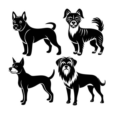 Köpek siluetlerinin vektör formatında çok yönlü bir koleksiyonu. Logolar, baskılar ve tasarım projeleri için idealdir. Minimalist ve zarif siyah ve beyaz ana hatları olan köpek türlerini barındırır..