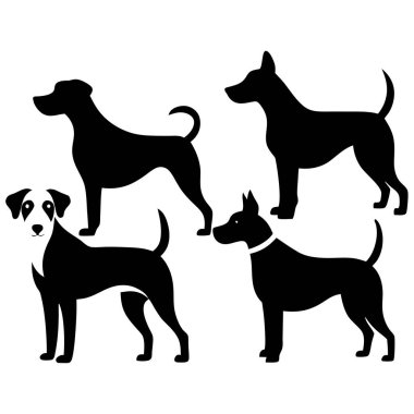 Köpek siluetlerinin vektör formatında çok yönlü bir koleksiyonu. Logolar, baskılar ve tasarım projeleri için idealdir. Minimalist ve zarif siyah ve beyaz ana hatları olan köpek türlerini barındırır..