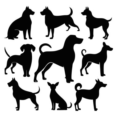 Köpek siluetlerinin vektör formatında çok yönlü bir koleksiyonu. Logolar, baskılar ve tasarım projeleri için idealdir. Minimalist ve zarif siyah ve beyaz ana hatları olan köpek türlerini barındırır..