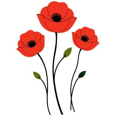 Beyaz arka planda canlı kırmızı gelincik çiçek vektör çizimi. Bu zarif ve detaylı tasarım çiçek temalı sanat, baskılar, kartlar veya dekorasyon projeleri için mükemmeldir..