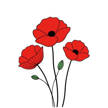 Beyaz arka planda canlı kırmızı gelincik çiçek vektör çizimi. Bu zarif ve detaylı tasarım çiçek temalı sanat, baskılar, kartlar veya dekorasyon projeleri için mükemmeldir..