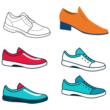 Herhangi bir tasarıma kişilik katmak için mükemmel sekiz renkli ve şık ayakkabı çiziminden oluşan canlı bir set. Bu oyuncu ve eşsiz ayakkabılar moda, markalaşma veya yaratıcı projeler için idealdir..