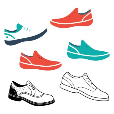 Herhangi bir tasarıma kişilik katmak için mükemmel sekiz renkli ve şık ayakkabı çiziminden oluşan canlı bir set. Bu oyuncu ve eşsiz ayakkabılar moda, markalaşma veya yaratıcı projeler için idealdir..